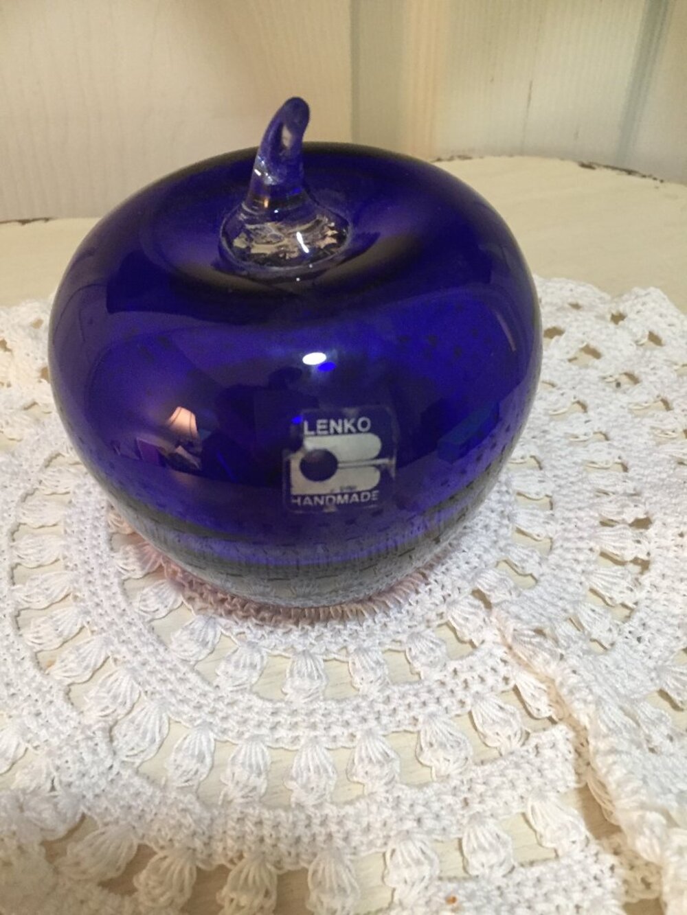 VTG Signed Blenko Cobalt Blue Glass Apple Paperweight w/Sticker 5" Blown Glass